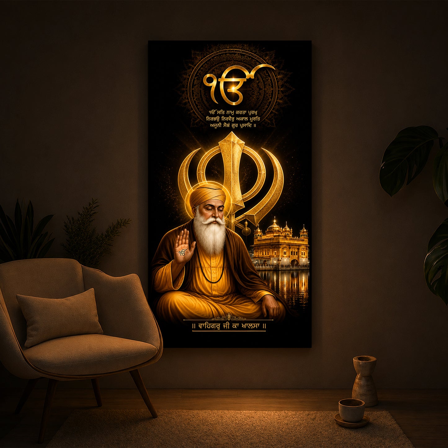 Guru Nanak Dev With Ik Onkar Modern Luxury Backlight Vertical Wall Art