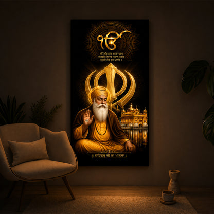 Guru Nanak Dev With Ik Onkar Modern Luxury Backlight Vertical Wall Art