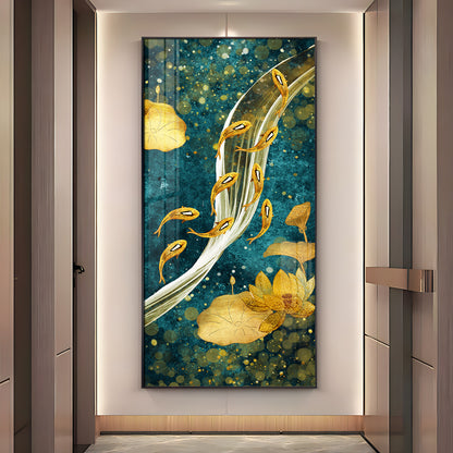 Modern Golden Koi Fish & Lotus Premium Acrylic Vertical Wall Art