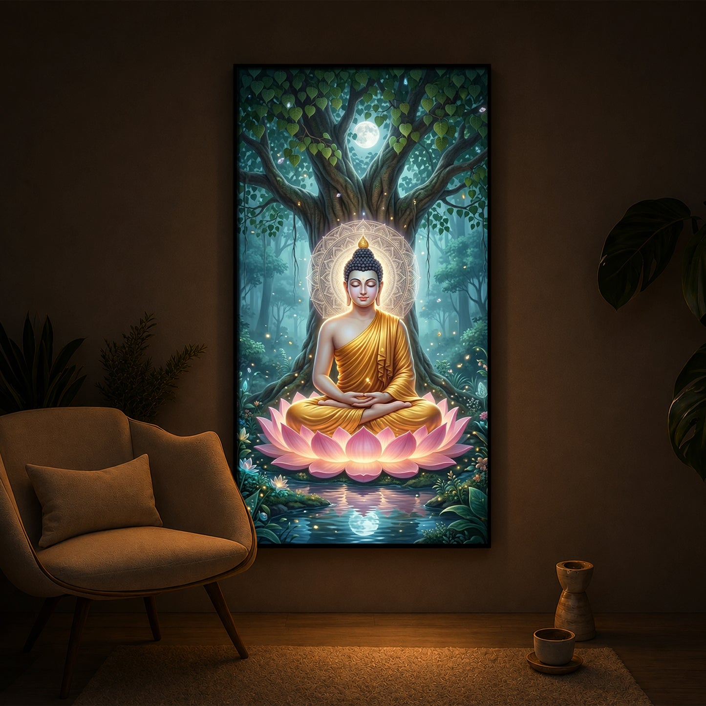 Gautam Buddha Modern Luxury Backlight Vertical Wall Art