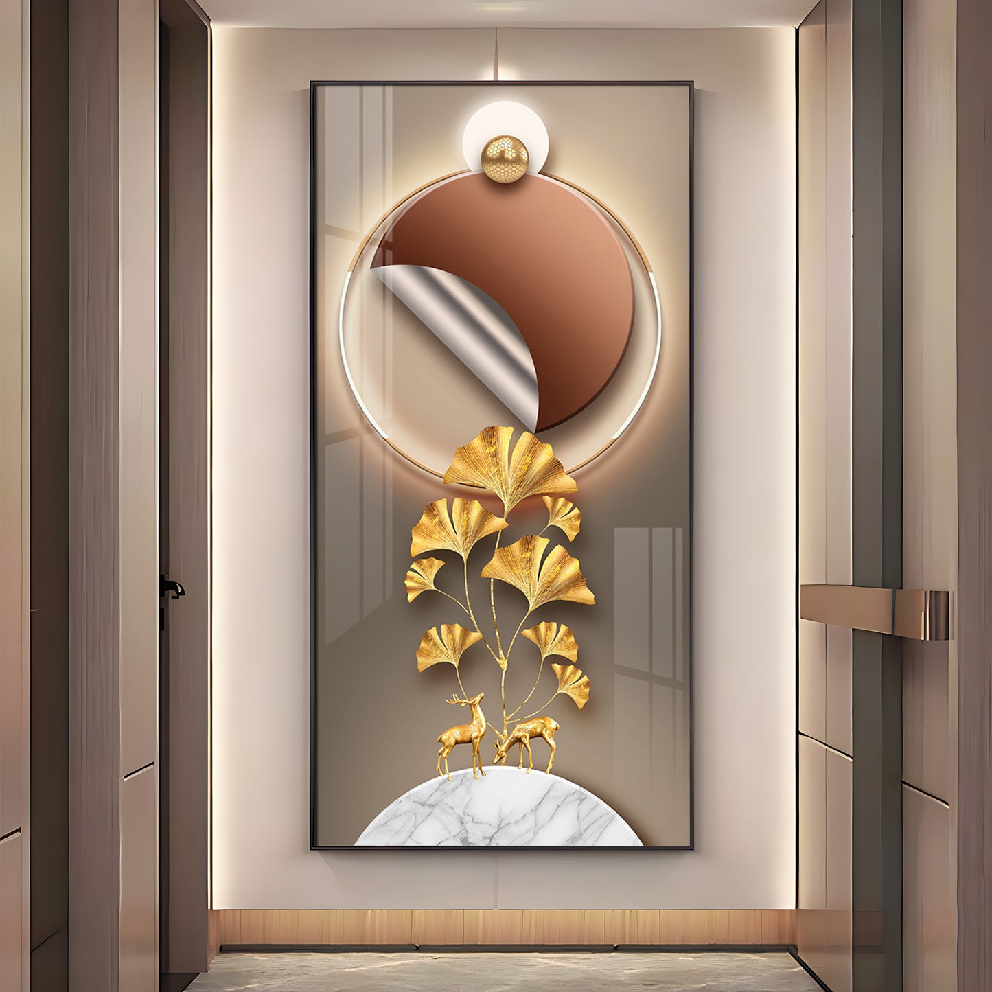 Golden Deer & Ginkgo Leaves Premium Acrylic Vertical Wall Art