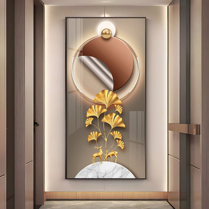 Golden Deer & Ginkgo Leaves Premium Acrylic Vertical Wall Art