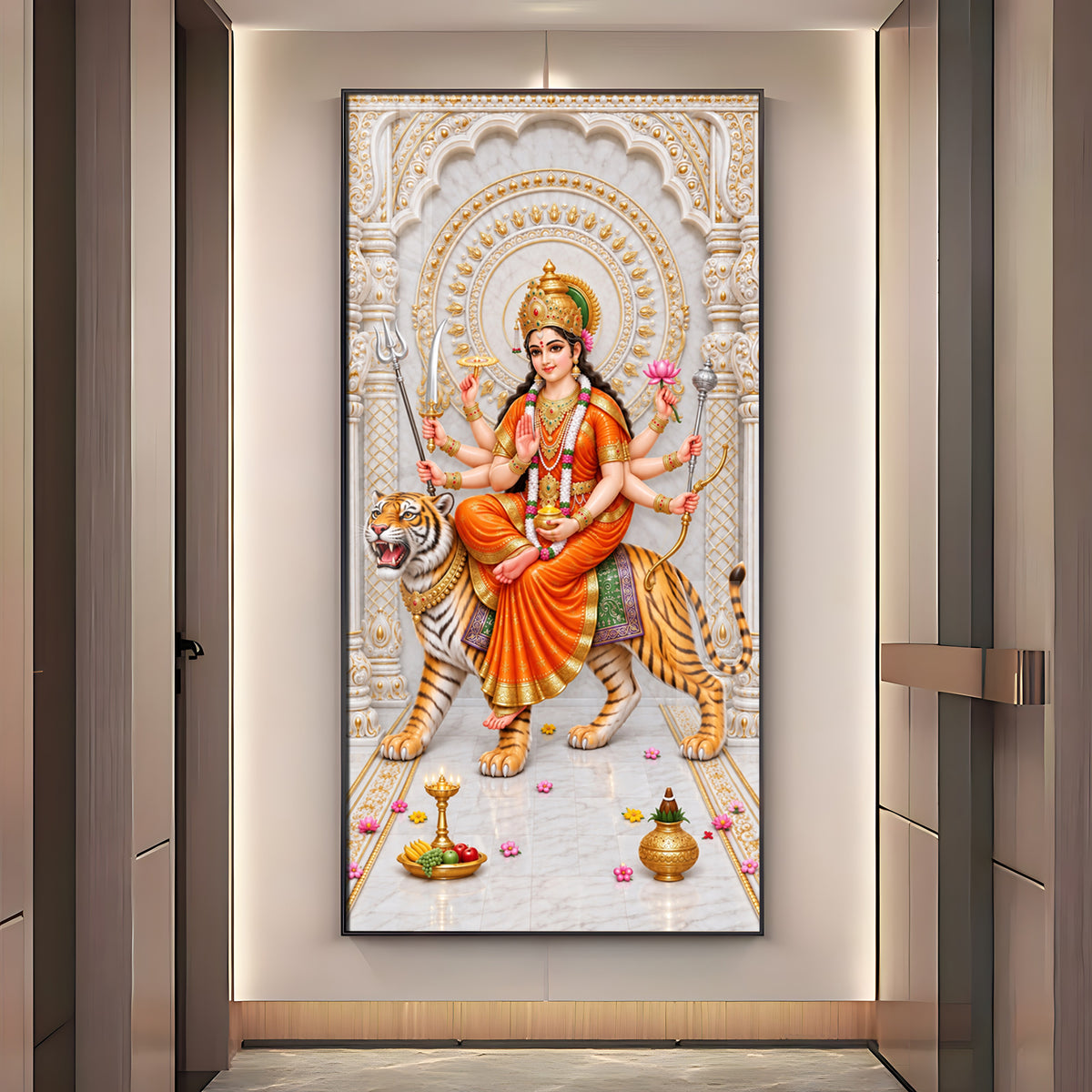 Durga Mata In Orange Attire Premium Acrylic Vertical Wall Art