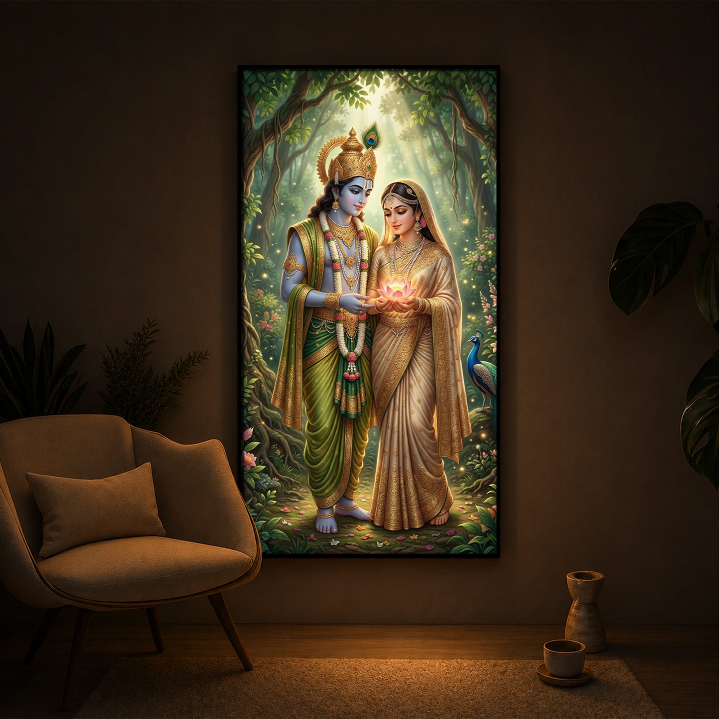 Shree Radhe Krishna Modern Luxury Backlight Vertical Wall Art