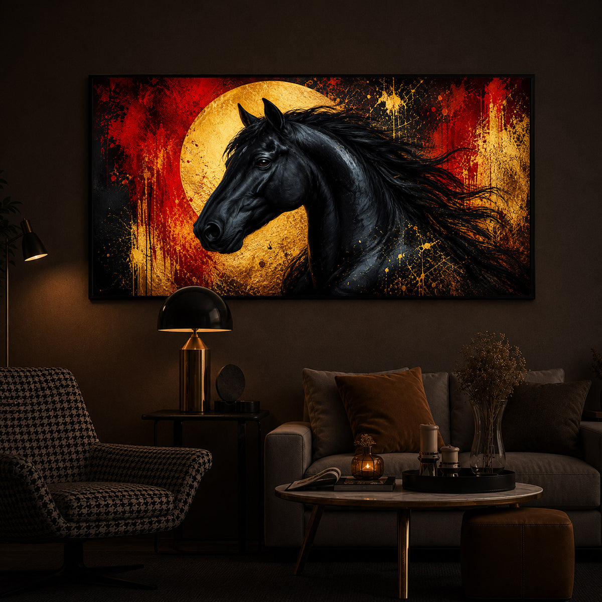 Black Horse With Abstract Background Modern Luxury Backlight Horizontal Wall Art