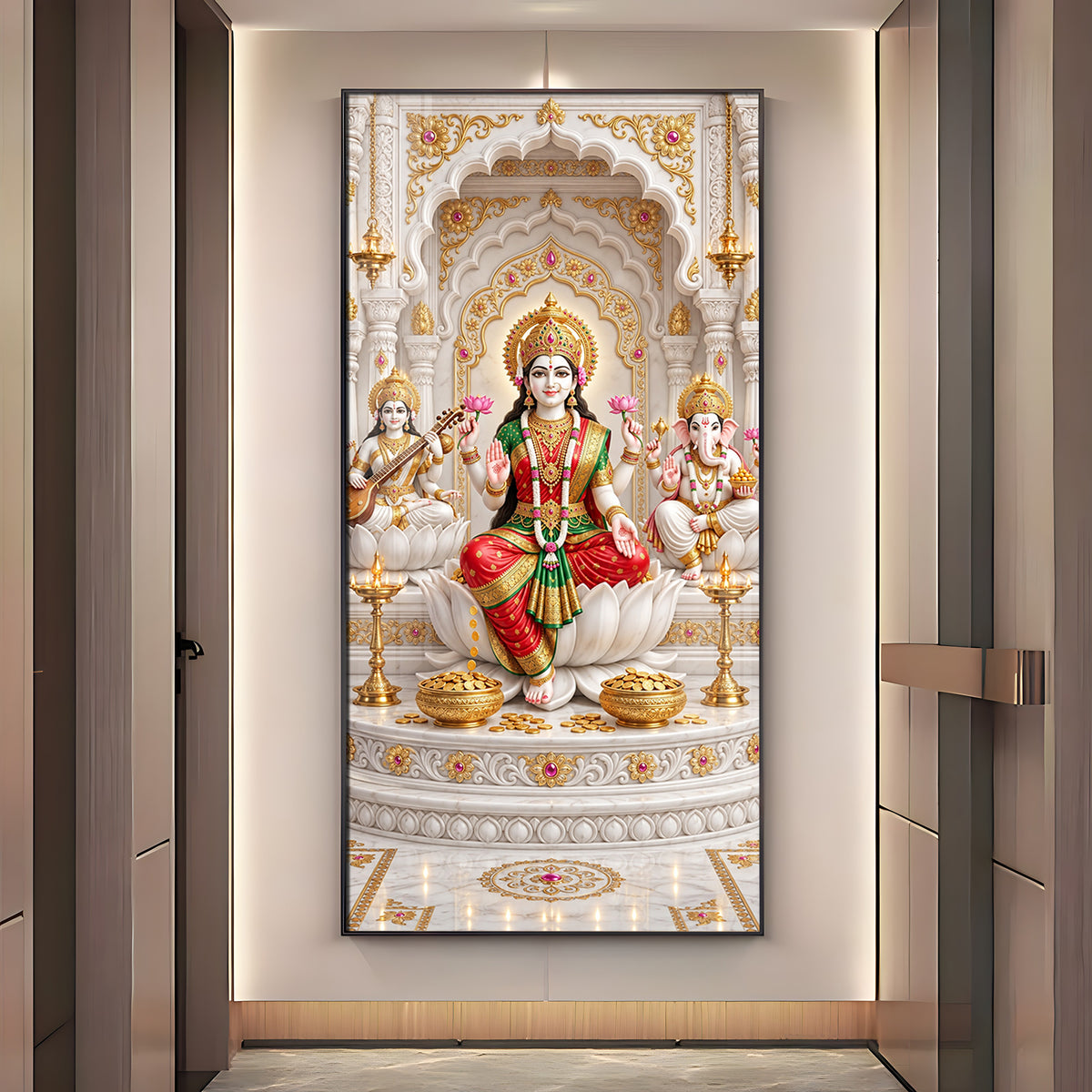Divine Maa Saraswati, Laxmi & Lord Ganesh Ji Premium Acrylic Vertical Wall Art