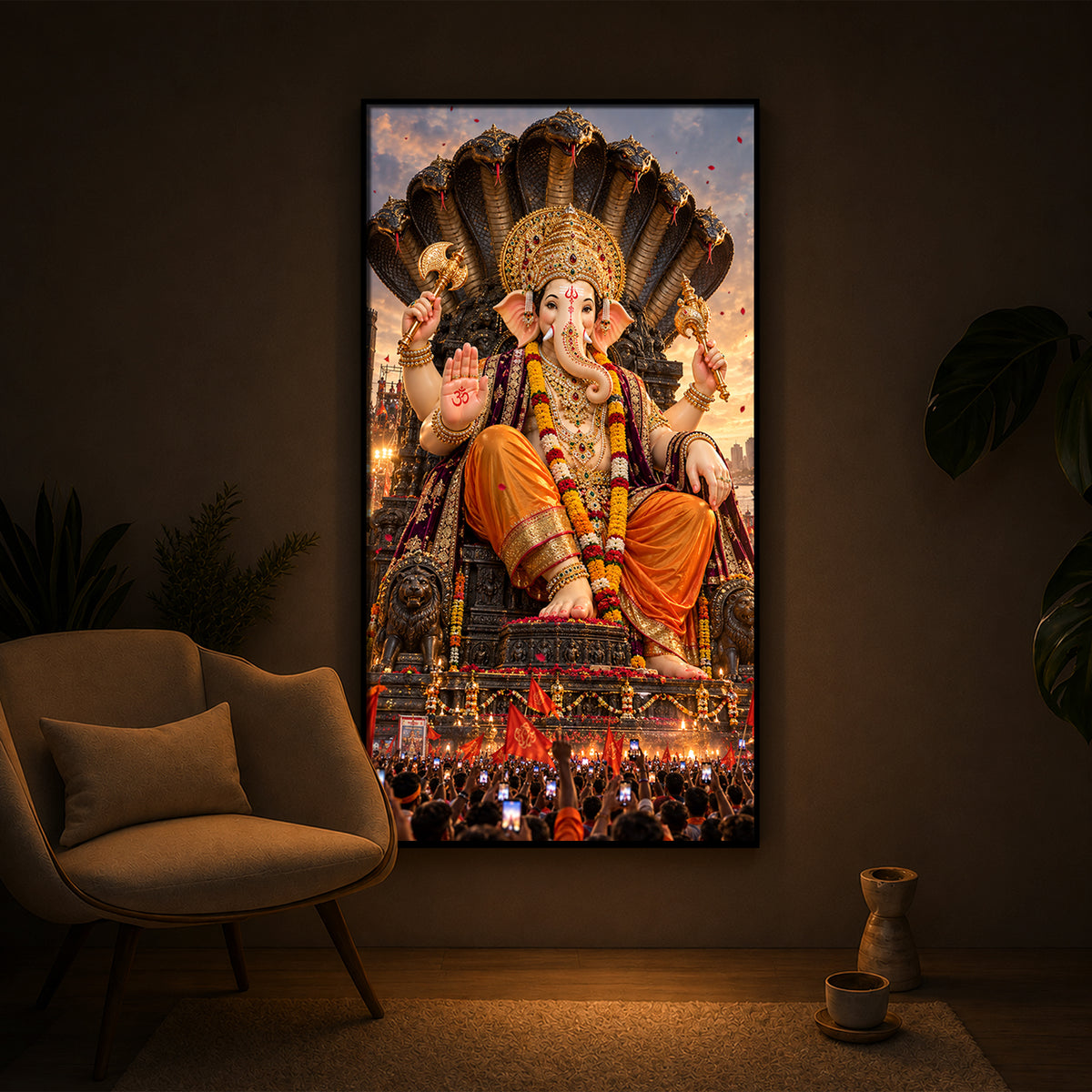 Lalbaugcha Raja Divine Darshan Modern Luxury Backlight Vertical Wall Art