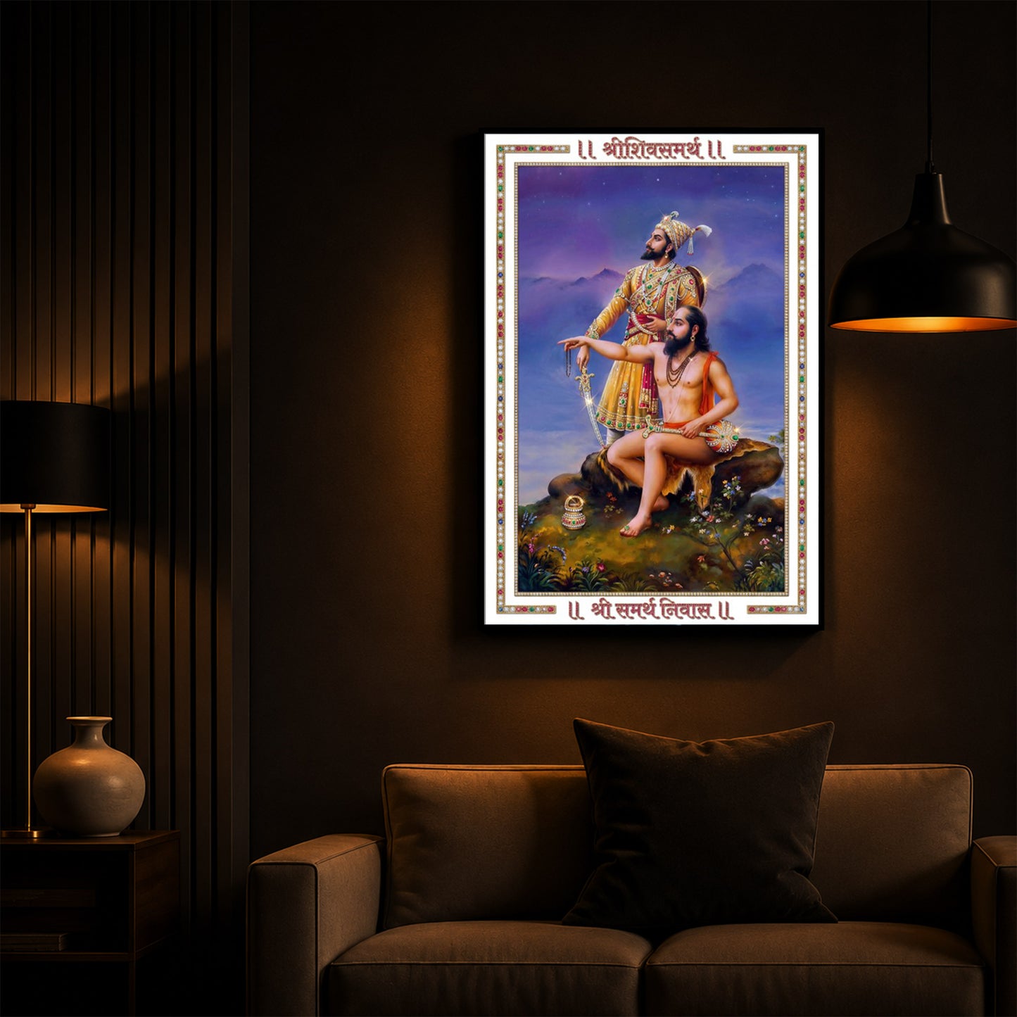 Samarth Ramdas Swami and Shivaji Maharaj Modern Luxury Backlight Vertical Wall Art