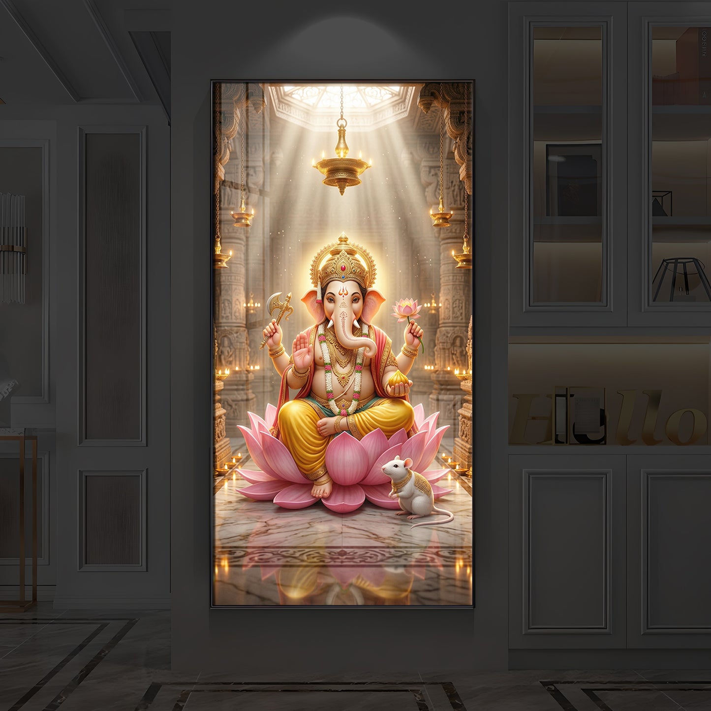 Lord Ganesh Ji On Lotus Modern Luxury Backlight Vertical Wall Art