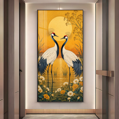 Golden Sunset Crane Birds Premium Acrylic Vertical Wall Art