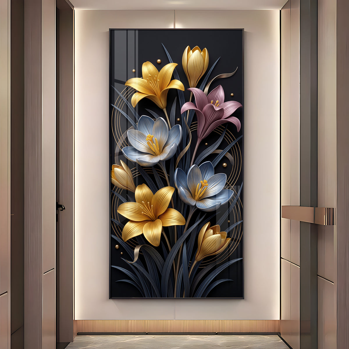 Metallic Floral Bouquet Gold & Blue Lilies Premium Acrylic Vertical Wall Art