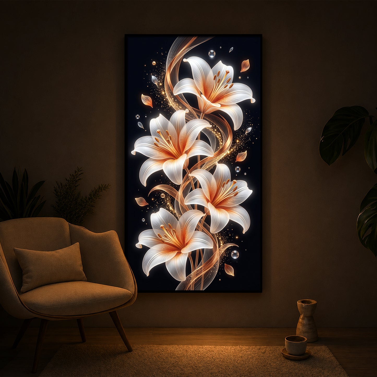 Glowing Golden Lily Modern Luxury Backlight Vertical Wall Art