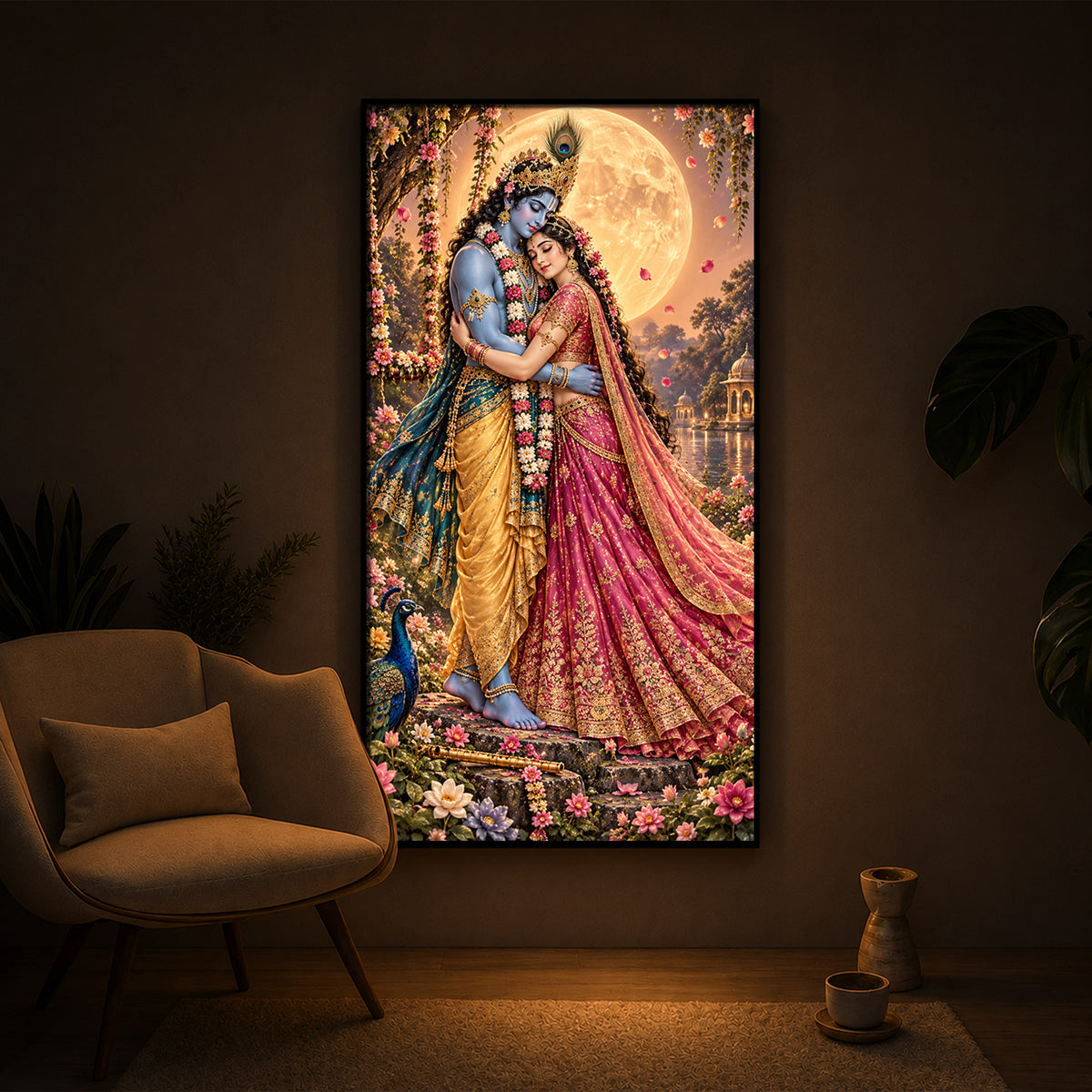 Divine Love of Krishna Radha Modern Luxury Backlight Vertical Wall Art
