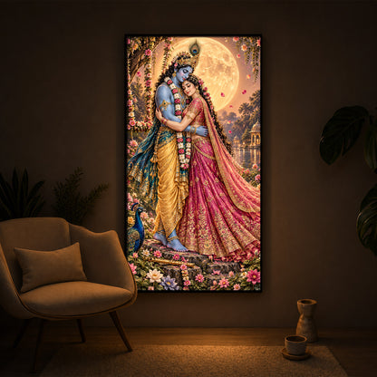 Divine Love of Krishna Radha Modern Luxury Backlight Vertical Wall Art