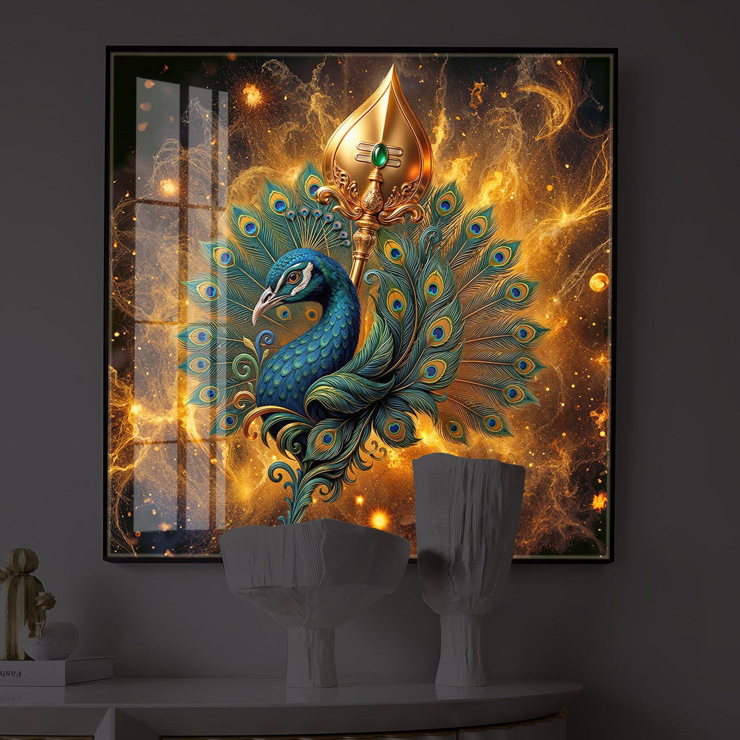 Lord Murugan’s Majestic Peacock Modern Luxury Backlight Square Wall Art