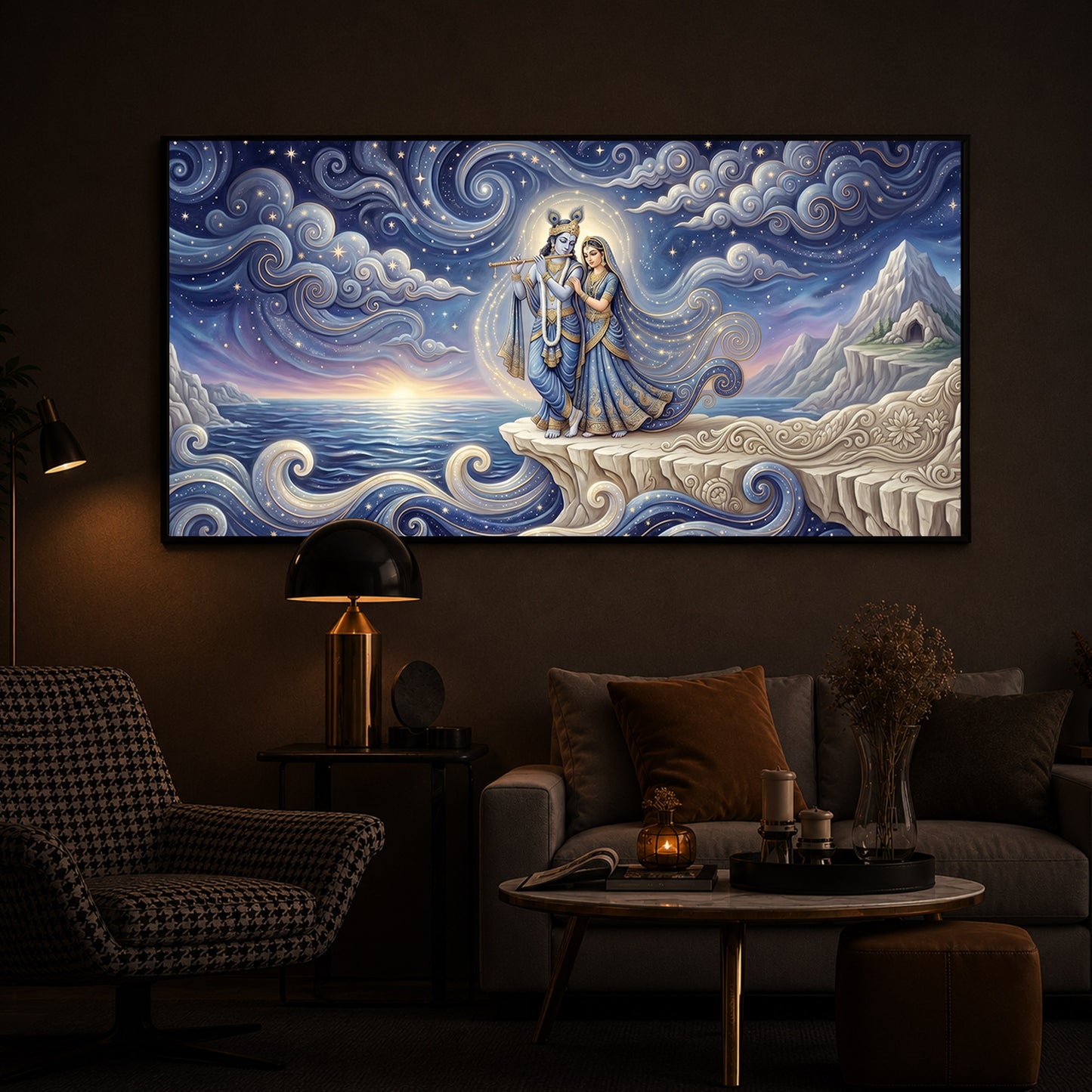 Divine Couple Radha Krishna With Flute Modern Luxury Backlight Horizontal Wall Art
