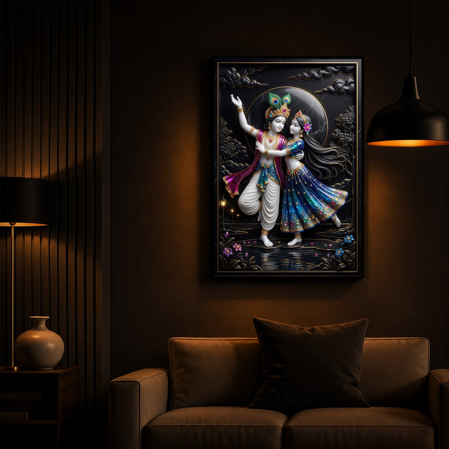 Radha Krishna Dancing Together Modern Luxury Backlight Vertical Wall Art