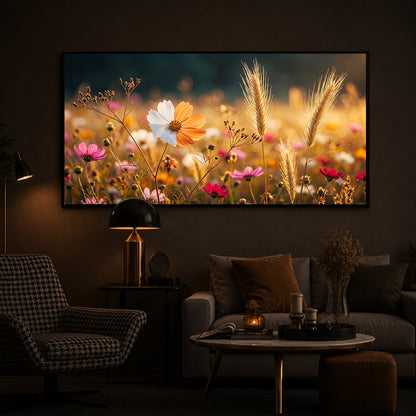 Golden Wildflower Meadow Modern Luxury Backlight Horizontal Wall Art