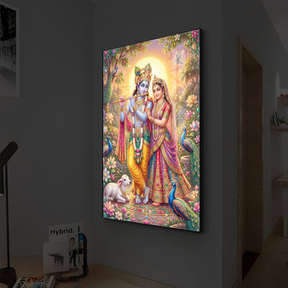 Radha Krishna Divine Harmony Modern Luxury Backlight Vertical Wall Art