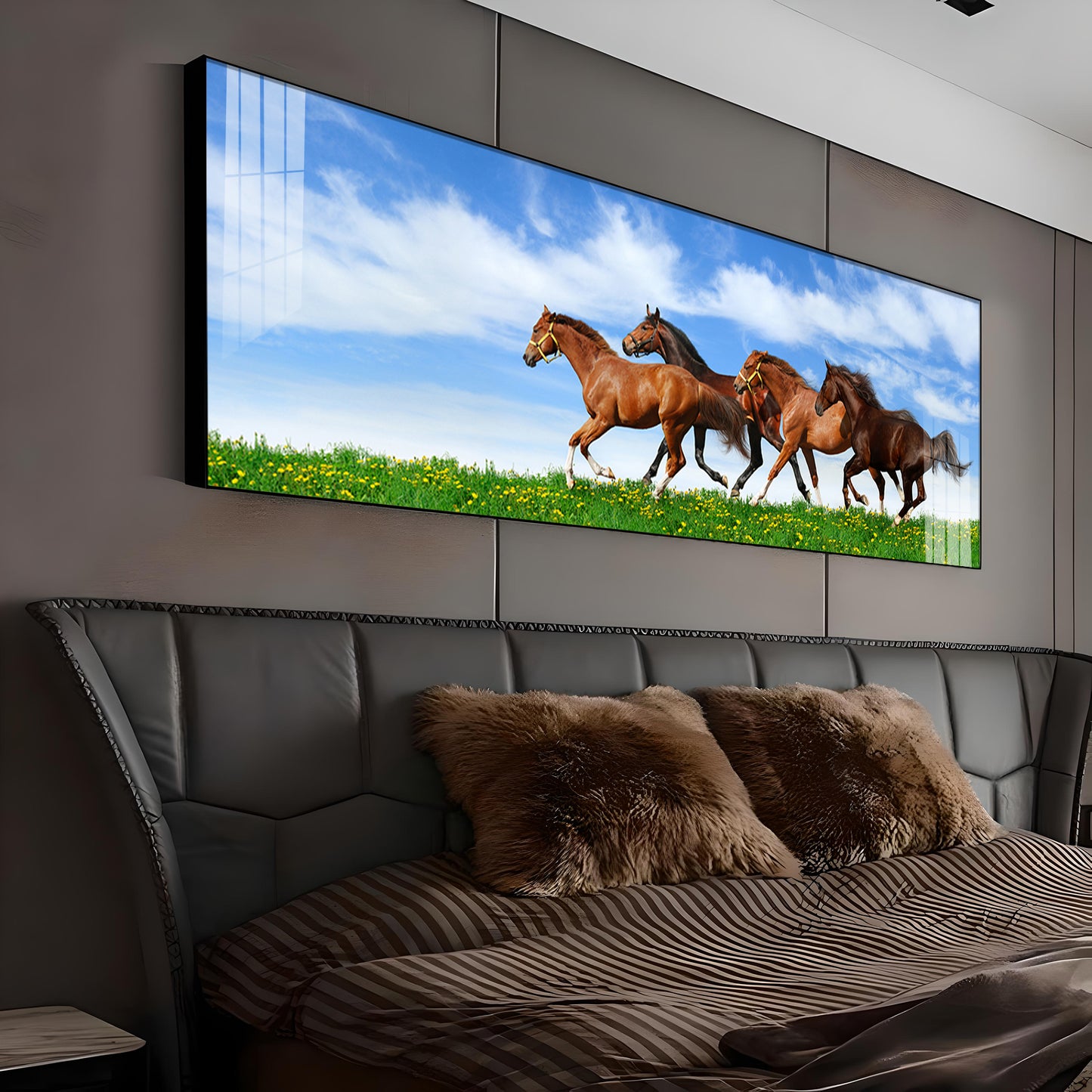Horses In Green Grass Premium Acrylic Horizontal Wall Art