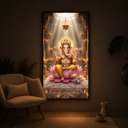 Lord Ganesh Ji On Lotus Modern Luxury Backlight Vertical Wall Art