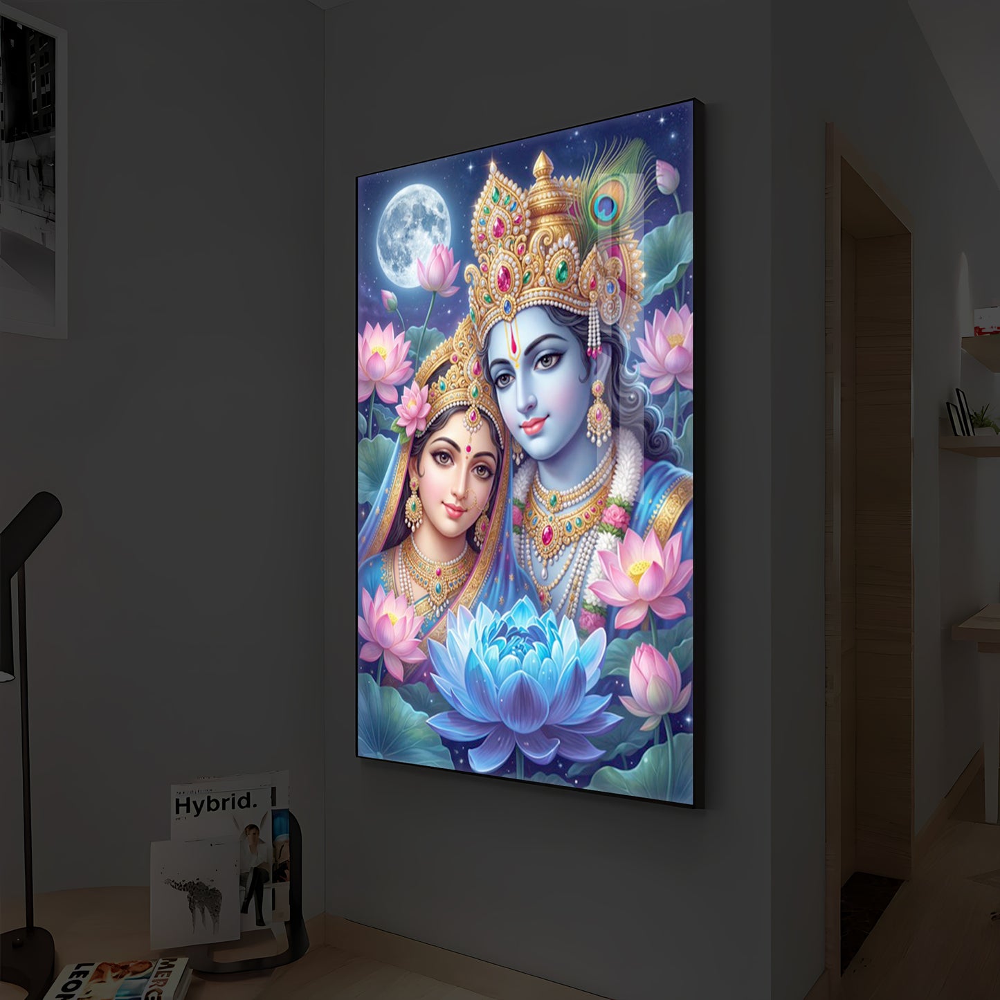 Radha Krishna Divine Togetherness Modern Luxury Backlight Vertical Wall Art
