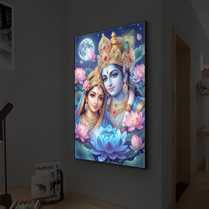 Radha Krishna Divine Togetherness Modern Luxury Backlight Vertical Wall Art