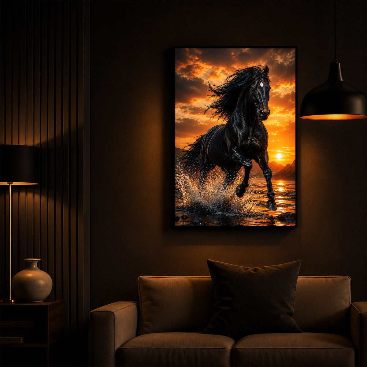 Vastu Black horse Modern Luxury Backlight Vertical Wall Art
