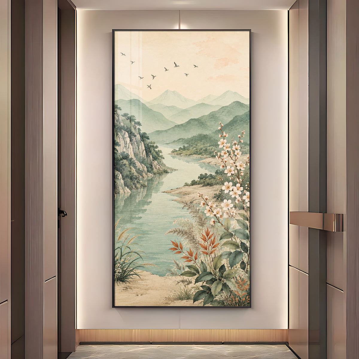 Serene Mountain Lake & Blossom Premium Acrylic Vertical Wall Art