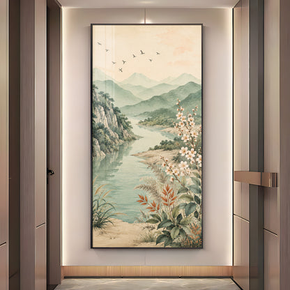 Serene Mountain Lake & Blossom Premium Acrylic Vertical Wall Art