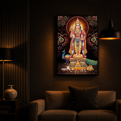Lord Murugan With Peacock Modern Luxury Backlight Vertical Wall Art