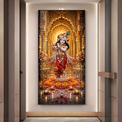 Lord Krishna With Playing Flute Premium Acrylic Vertical Wall Art