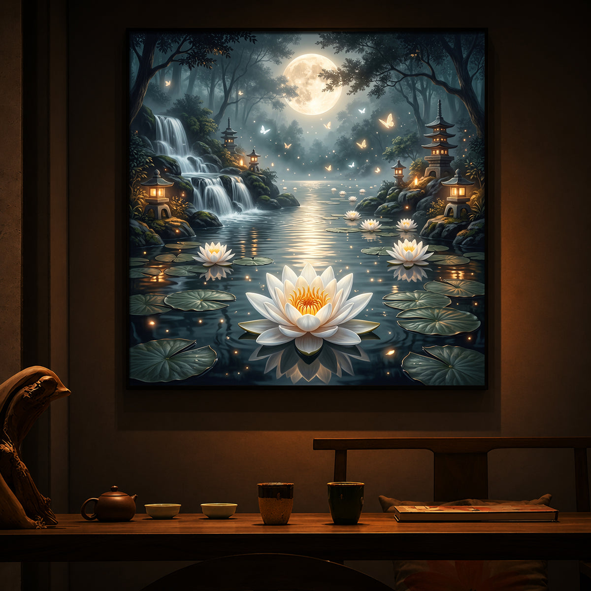 Moonlit Zen Lotus Pond Modern Luxury Backlight Square Wall Art