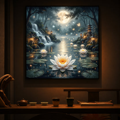 Moonlit Zen Lotus Pond Modern Luxury Backlight Square Wall Art