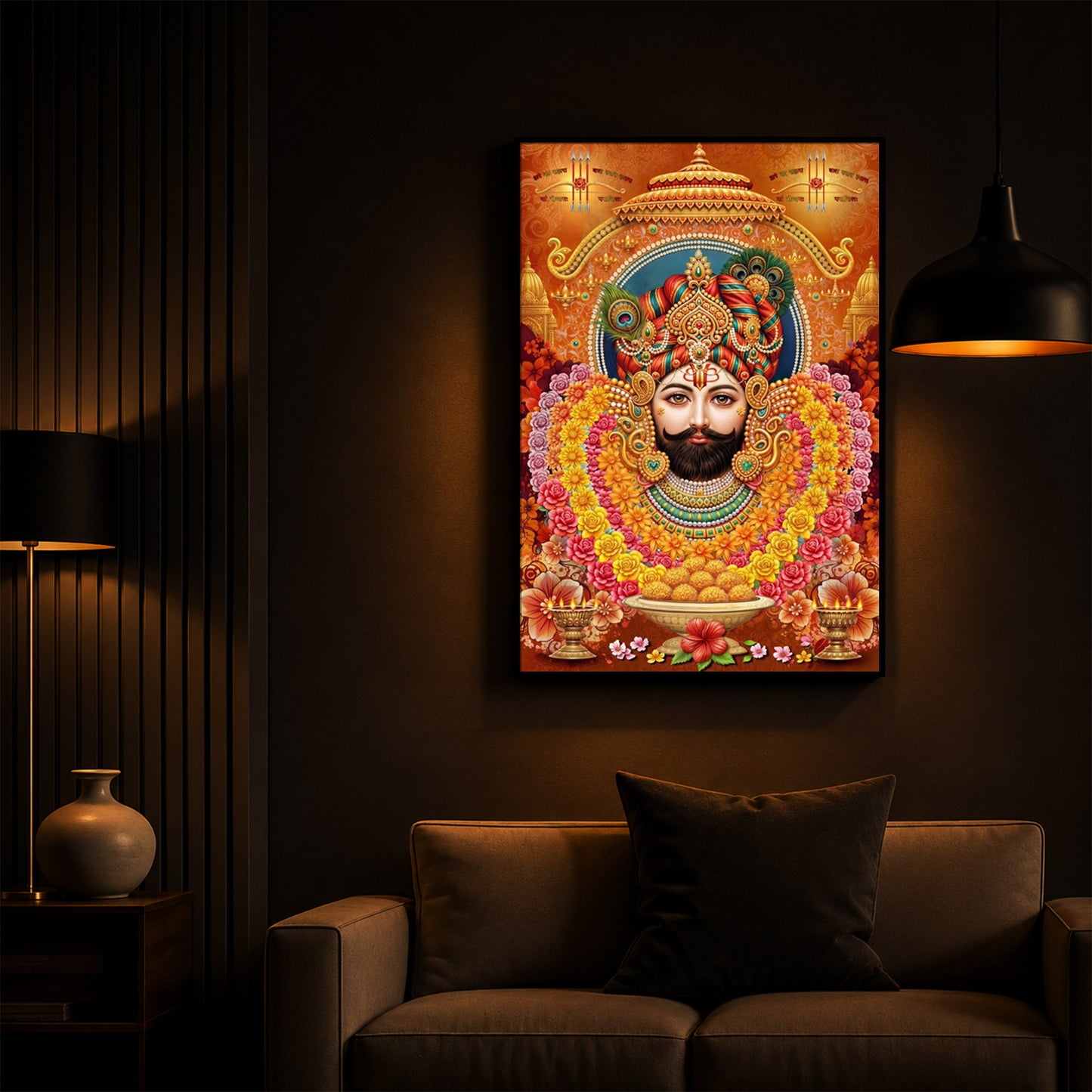 Hindu deity Khatu Shyam Ji Modern Luxury Backlight Vertical Wall Art