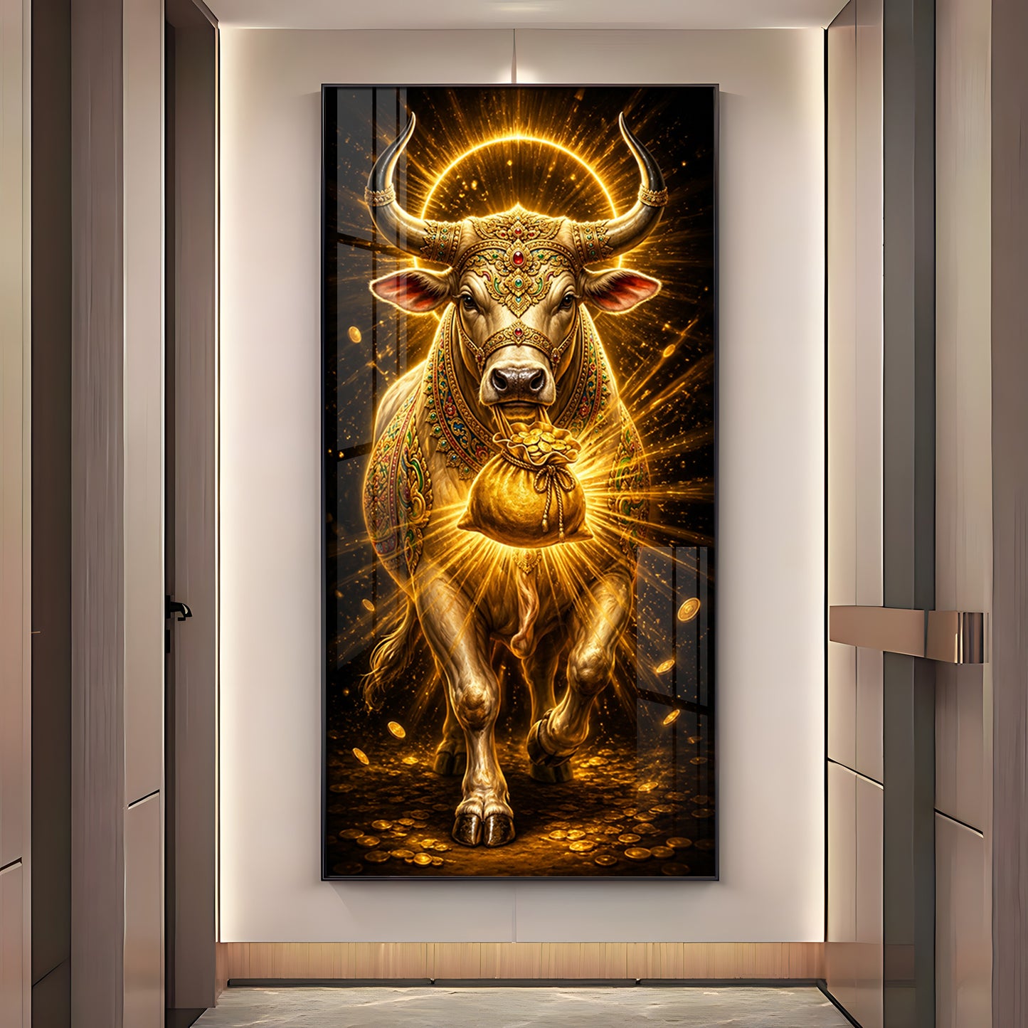 Golden Bull With Bag Of Wealth Premium Acrylic Vertical Wall Art