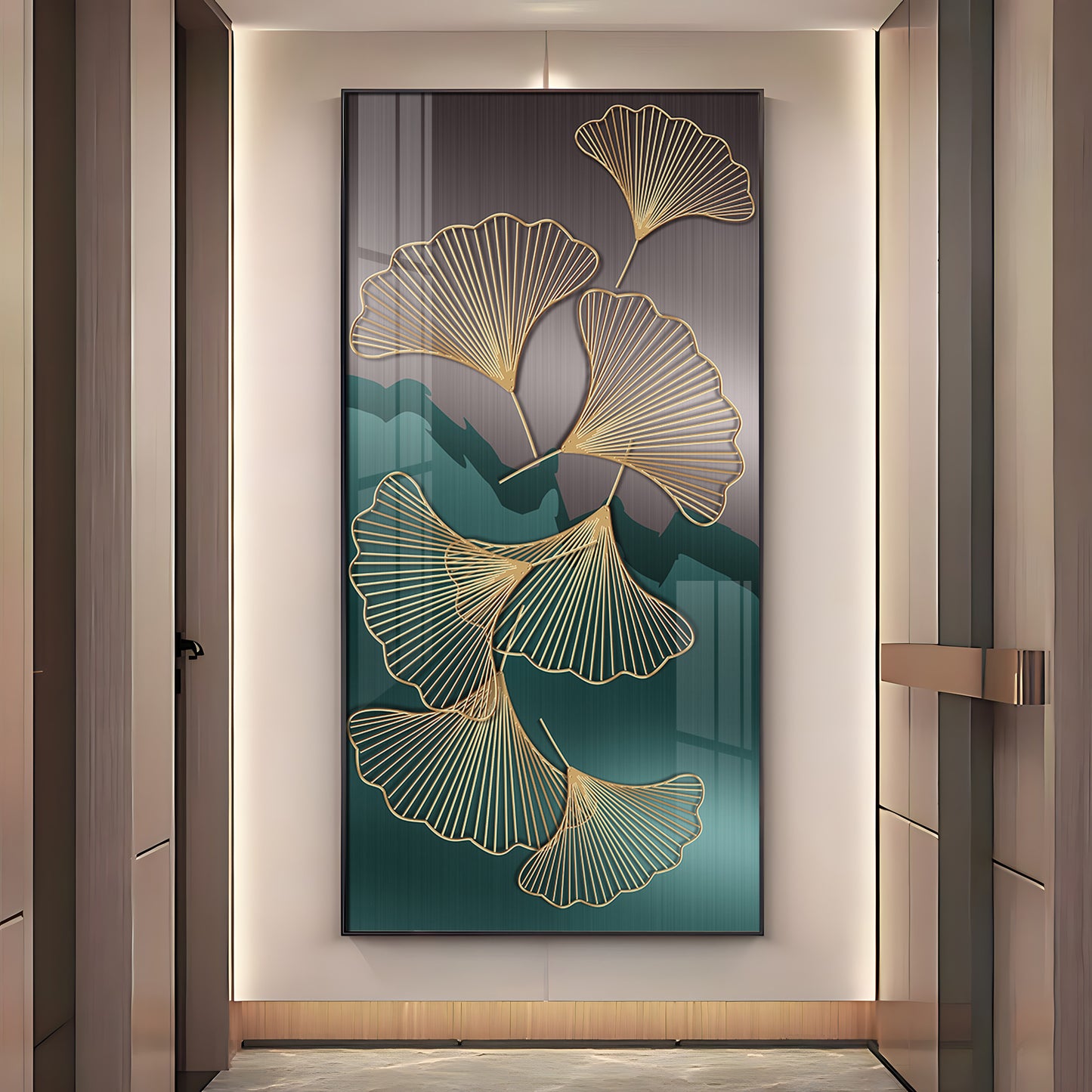 Golden Ginkgo Leaves With Dark green Premium Acrylic Vertical Wall Art