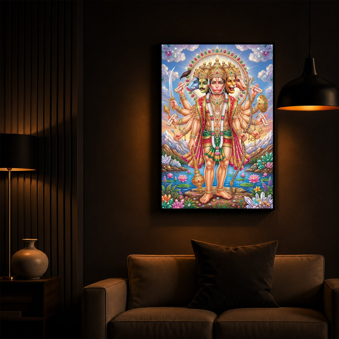 Panchmukhi Lord Hanuman Ji Modern Luxury Backlight Vertical Wall Art