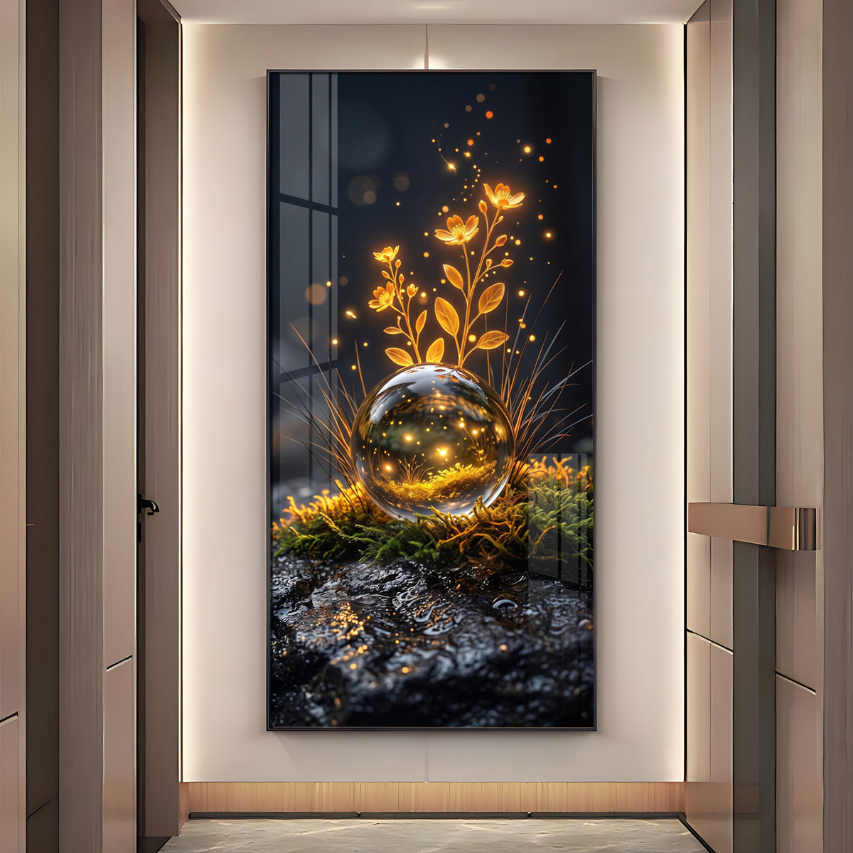 Glowing Crystal Orb & Golden Flowers Premium Acrylic Vertical Wall Art