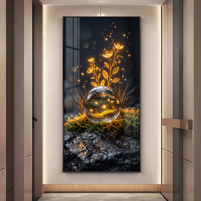 Glowing Crystal Orb & Golden Flowers Premium Acrylic Vertical Wall Art