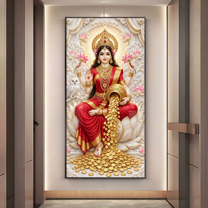 Goddess Laxmi With Gold Coins Premium Acrylic Vertical Wall Art