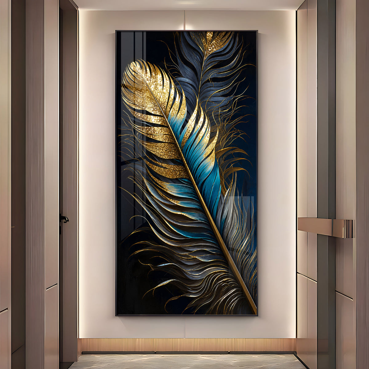 Luxurious Golden & Blue Feathers Premium Acrylic Vertical Wall Art