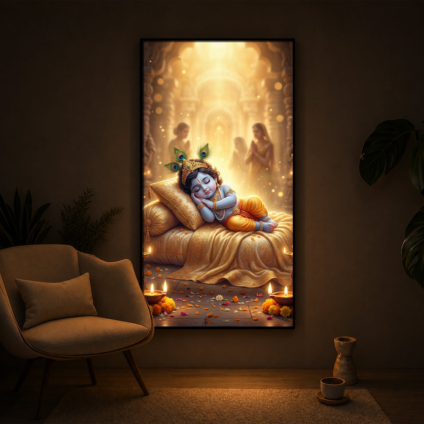 Sleeping Little Krishna Ji Modern Luxury Backlight Vertical Wall Art