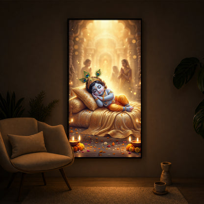 Sleeping Little Krishna Ji Modern Luxury Backlight Vertical Wall Art