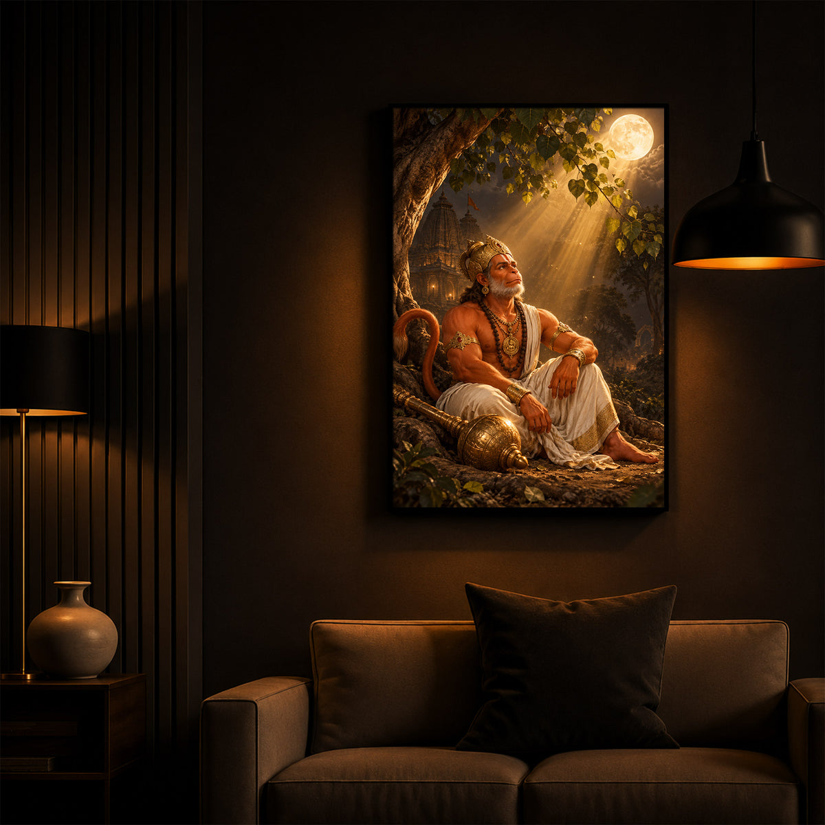 Hanuman Ji Under Tree Modern Luxury Backlight Vertical Wall Art