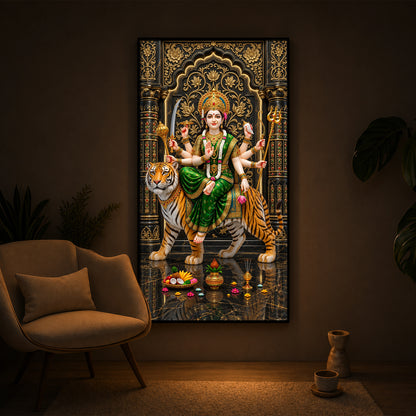 Maa Durga In Green Saree Modern Luxury Backlight Vertical Wall Art