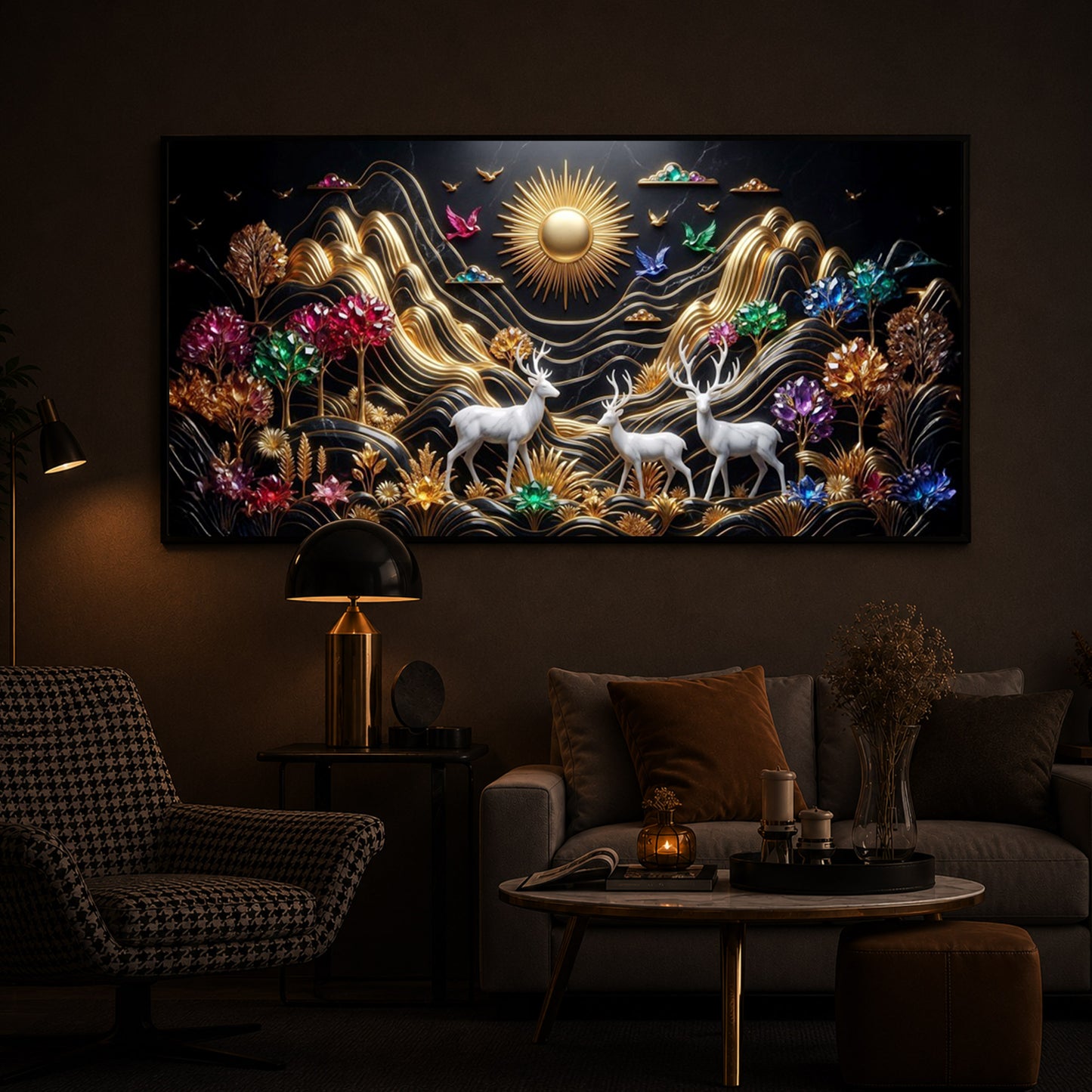 White Deer With Sun Modern Luxury Backlight Horizontal Wall Art