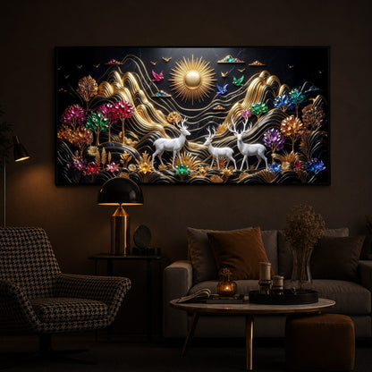 White Deer With Sun Modern Luxury Backlight Horizontal Wall Art