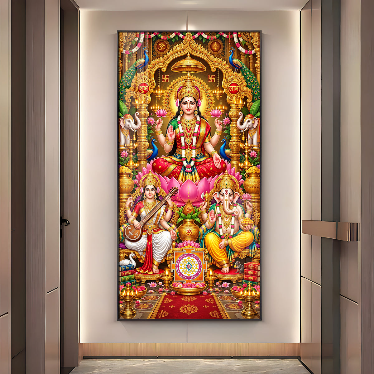 Maa Laxmi, Ganesh Ji & Saraswati Premium Acrylic Vertical Wall Art