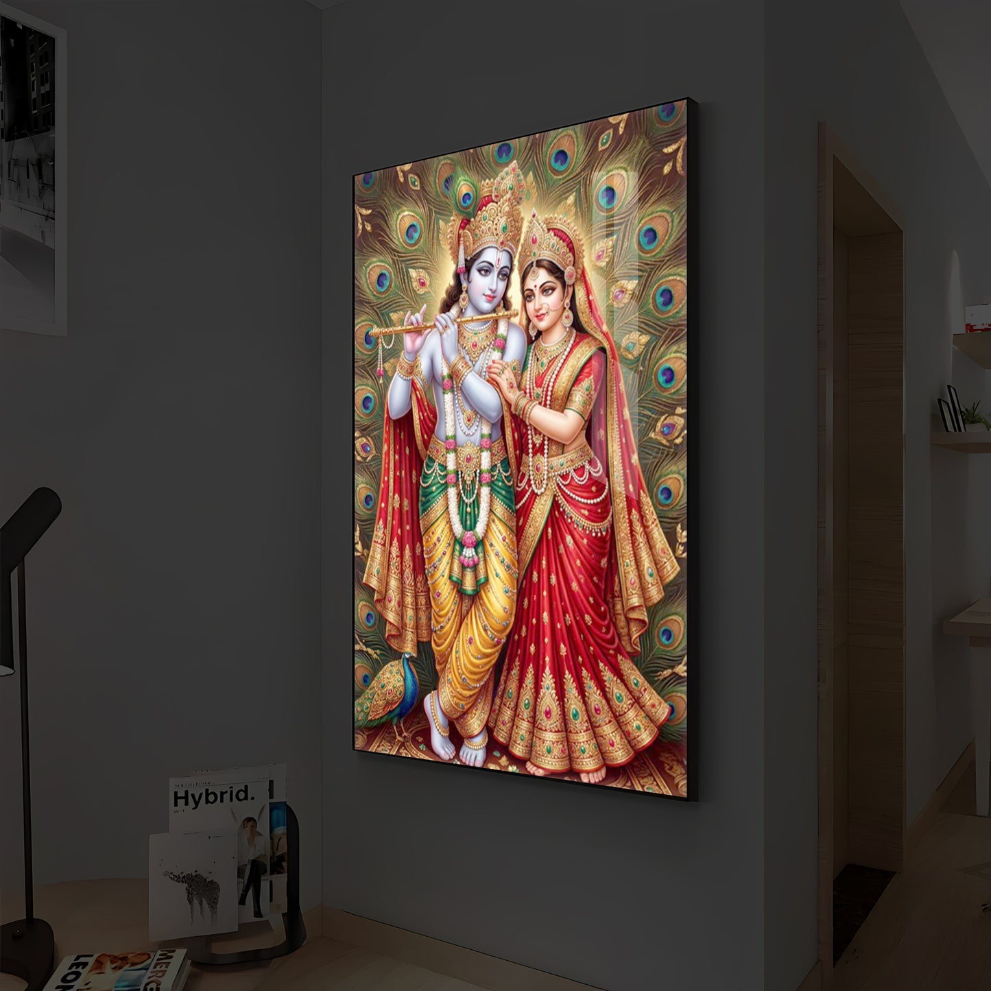 Radha Krishna Divine Bliss Modern Luxury Backlight Vertical Wall Art